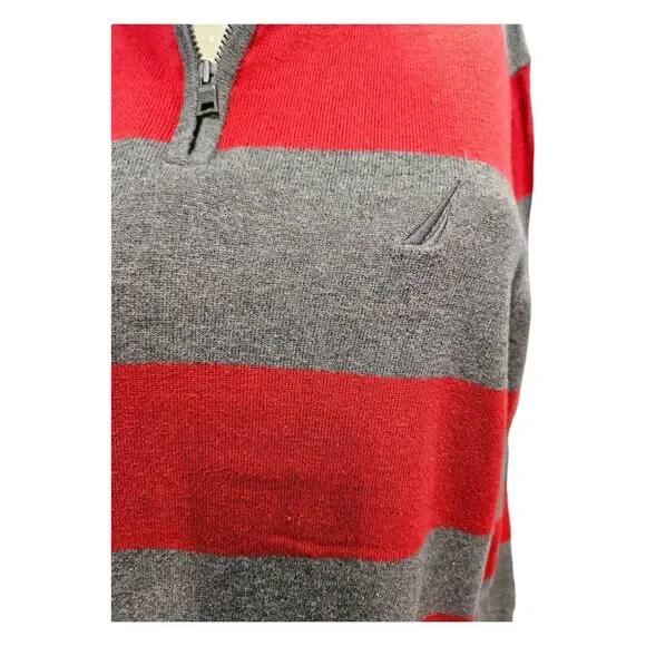 Nautica Red Gray Striped Quarter Zip Sweater Men's Size Large Cotton - Picture 3 of 7